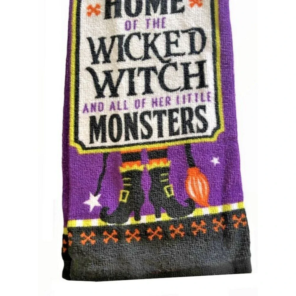 Halloween Trick Treat Kitchen Dish Towels Home of Wicked Witch Monster Set of 2